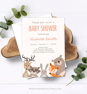 Editable Baby shower invitation Woodland Forest Animals Cute Animals Gender Neutral Bear Fox Invitation Template Download Digital Corjl 0010