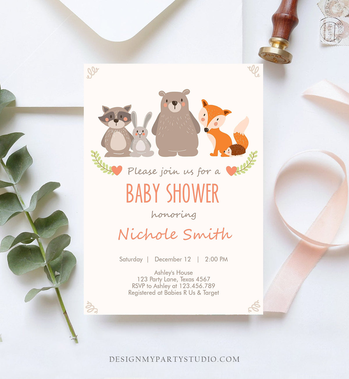 Editable Baby shower invitation Woodland Forest Animals Cute Animals Gender Neutral Bear Fox Invitation Template Download Digital Corjl 0010