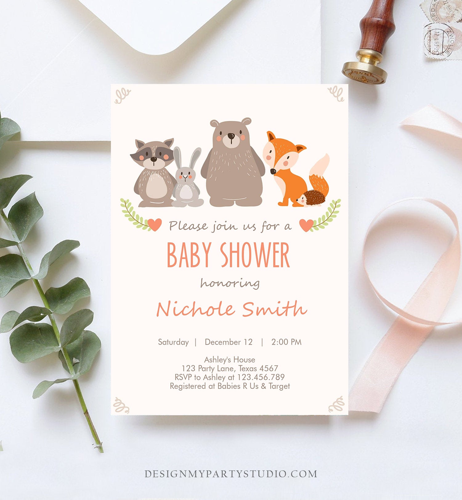 Editable Baby shower invitation Woodland Forest Animals Cute Animals Gender Neutral Bear Fox Invitation Template Download Digital Corjl 0010