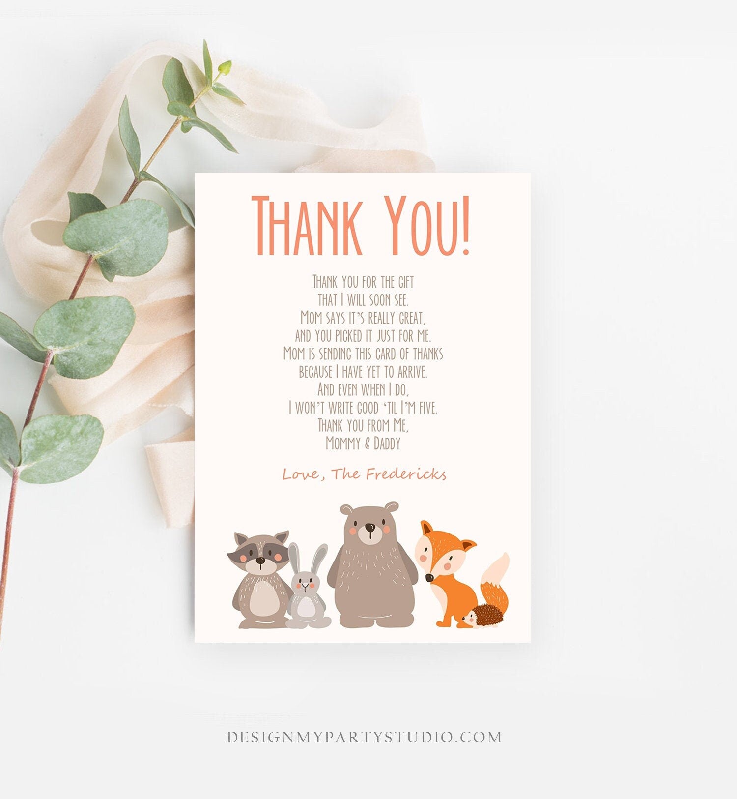 Editable Baby shower Thank you note Woodland Thank You Rustic Cute Animals Forest Gender Neutral Template Instant Download Corjl 0010