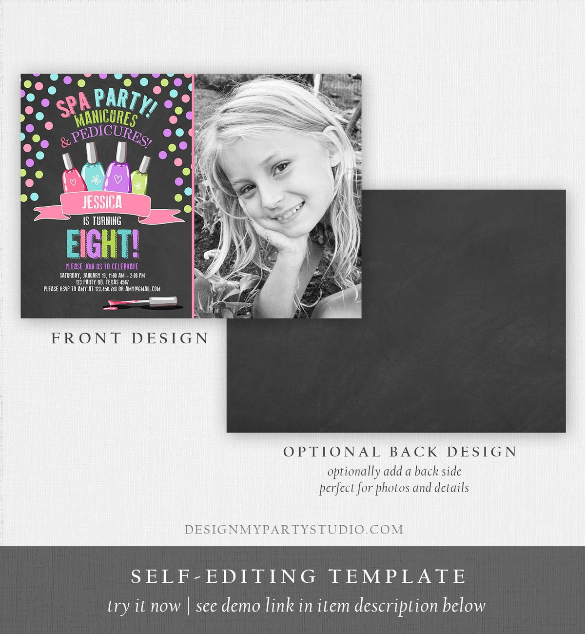 Editable Spa Birthday Invitation Manicures Pedicure Nail Salon Party Pink Purple Girl Instant Download Printable Corjl Template Digital 0210