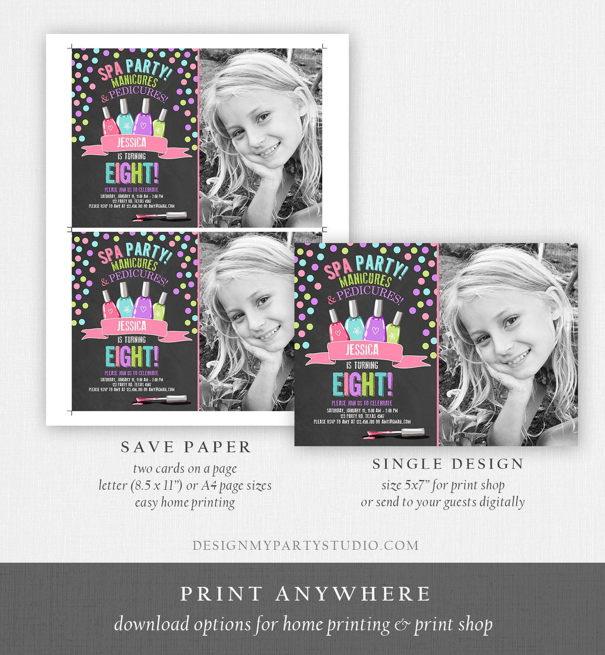 Editable Spa Birthday Invitation Manicures Pedicure Nail Salon Party Pink Purple Girl Instant Download Printable Corjl Template Digital 0210