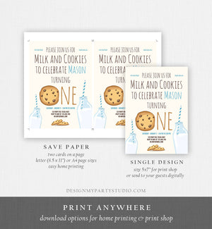 Editable Milk and Cookies Birthday Invitation Milk & Cookies Party Boy Birthday Blue First Birthday Printable Invitation Template Corjl 0088