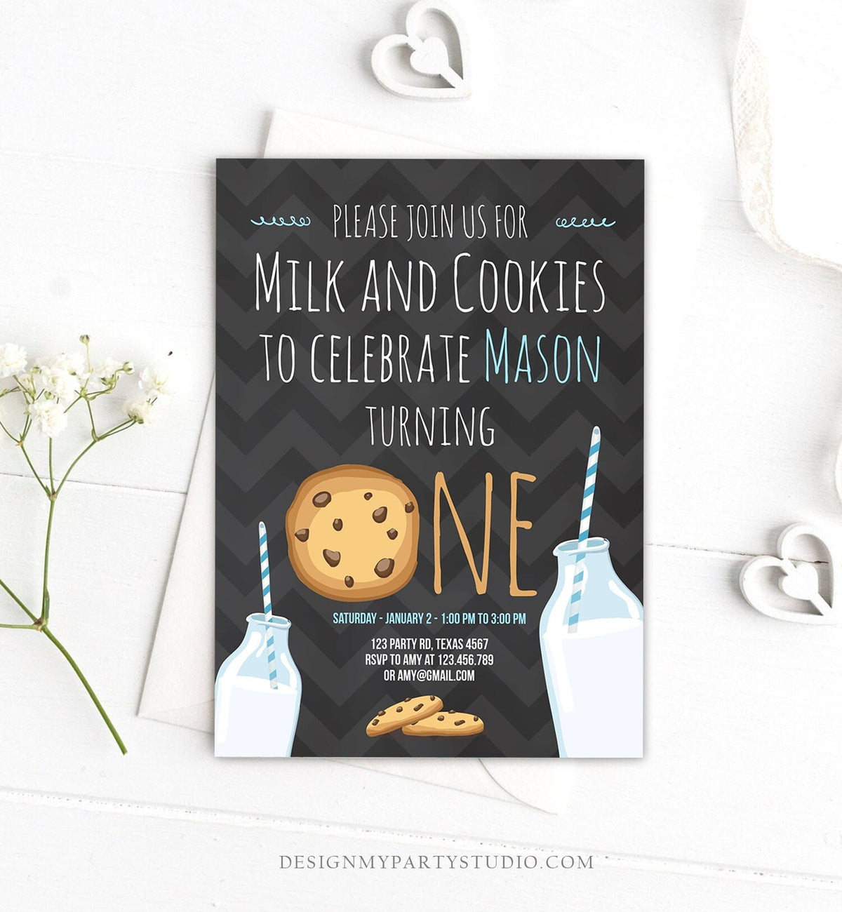 Editable Milk and Cookies Birthday Invitation Milk &amp; Cookies Party Boy Birthday Blue First Birthday Printable Invitation Template Corjl 0088
