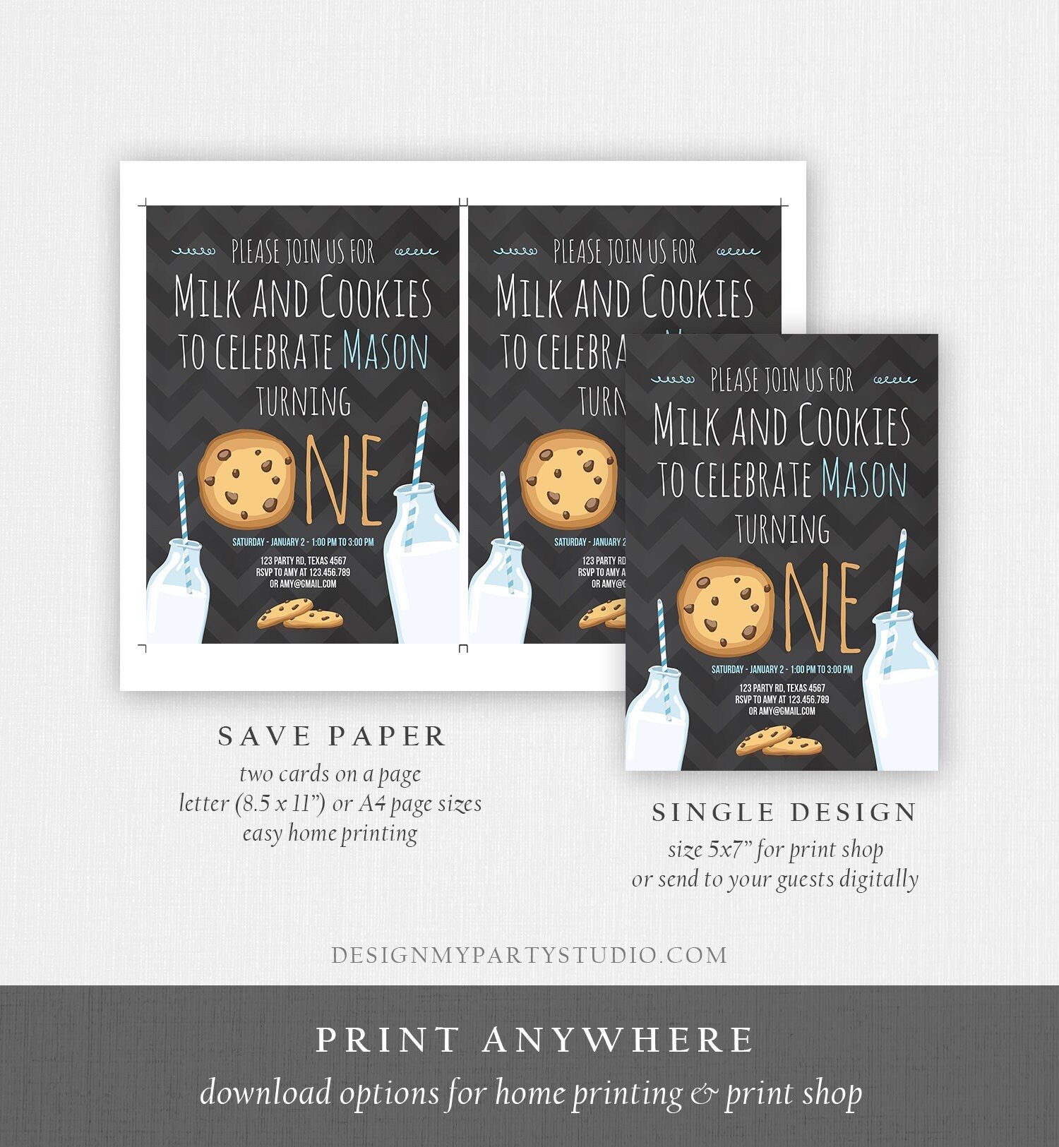 Editable Milk and Cookies Birthday Invitation Milk & Cookies Party Boy Birthday Blue First Birthday Printable Invitation Template Corjl 0088