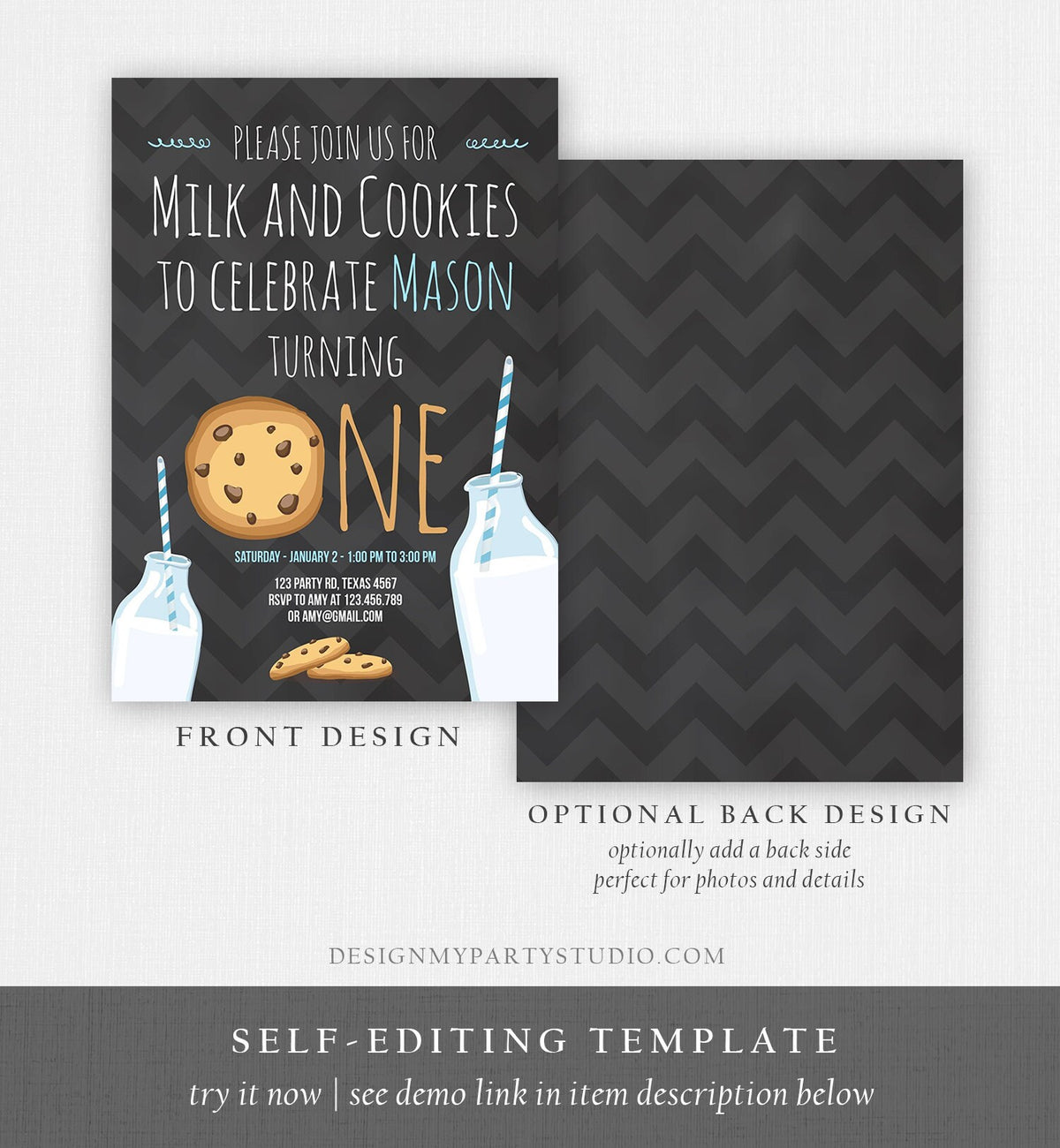 Editable Milk and Cookies Birthday Invitation Milk &amp; Cookies Party Boy Birthday Blue First Birthday Printable Invitation Template Corjl 0088