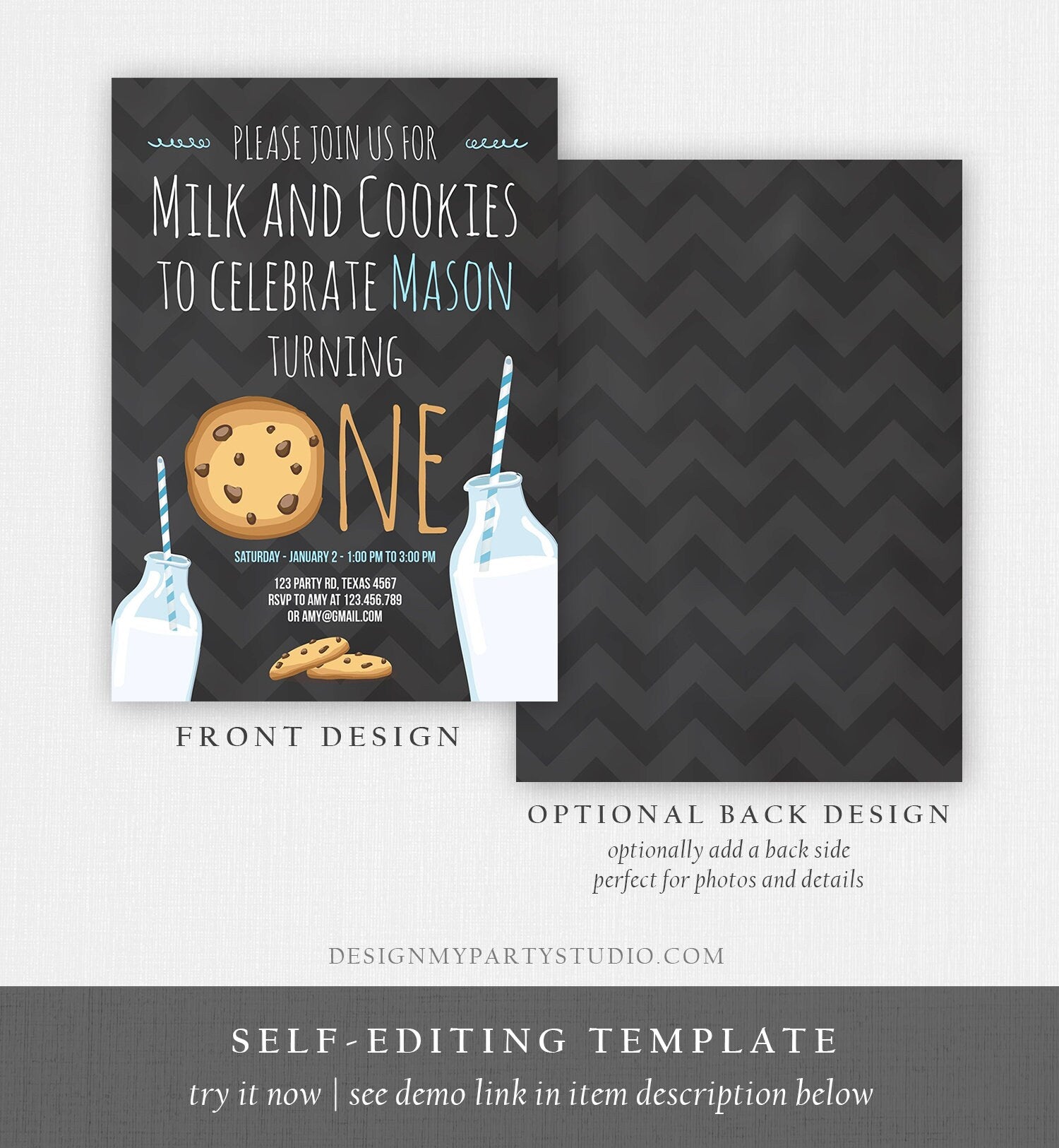 Editable Milk and Cookies Birthday Invitation Milk & Cookies Party Boy Birthday Blue First Birthday Printable Invitation Template Corjl 0088