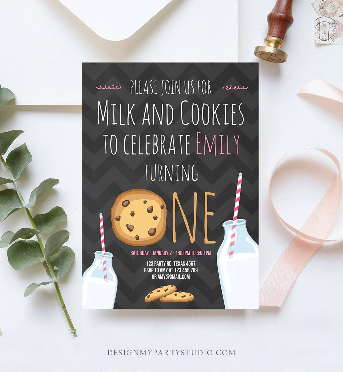 Editable Milk and Cookies Birthday Invitation Milk and Cookies Party Girl Birthday Pink First Birthday Printable Invite Template Corjl 0088
