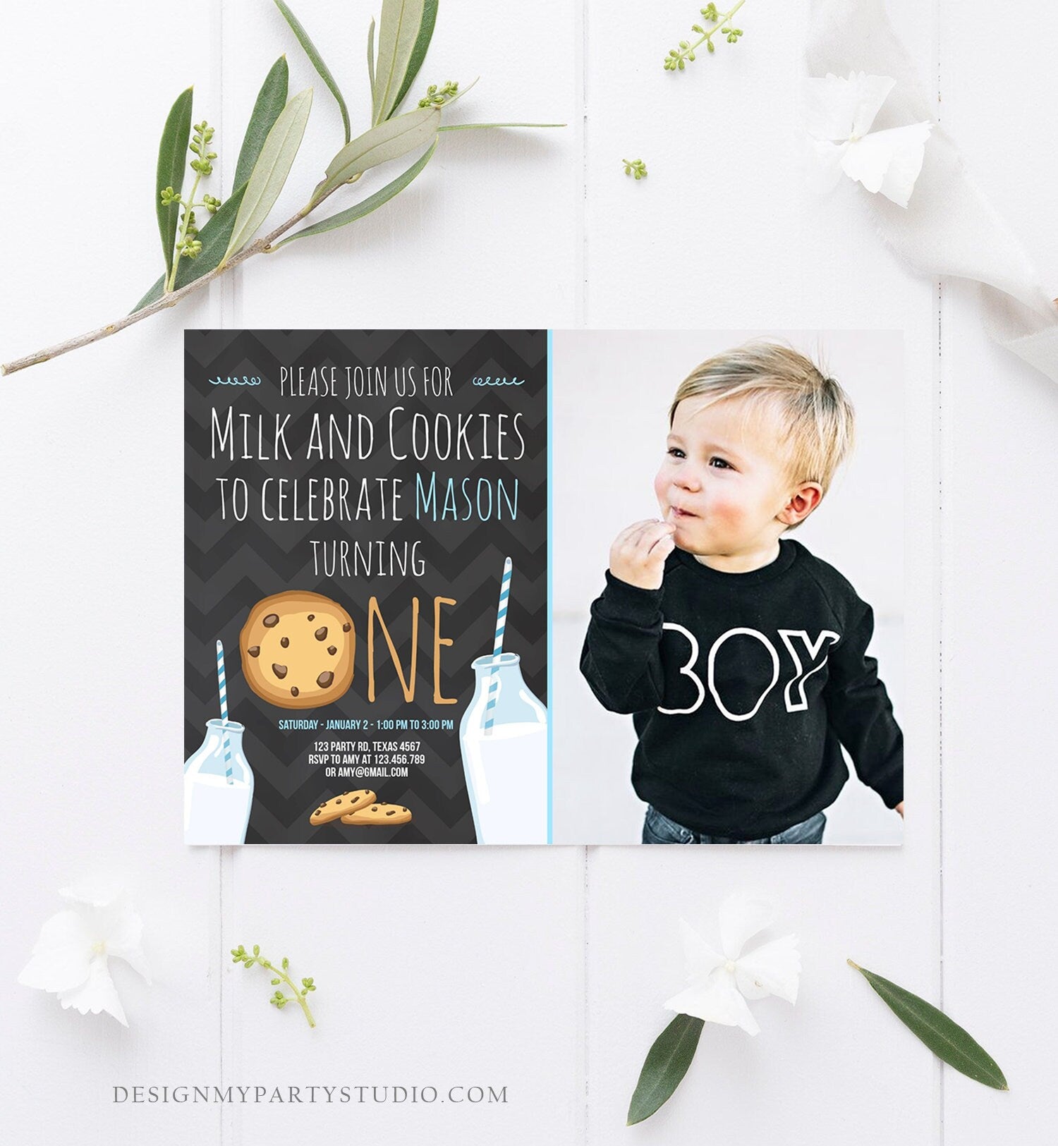 Editable Milk and Cookies Birthday Invitation Milk & Cookies Party Boy Birthday Blue First Birthday Printable Invitation Template Corjl 0088