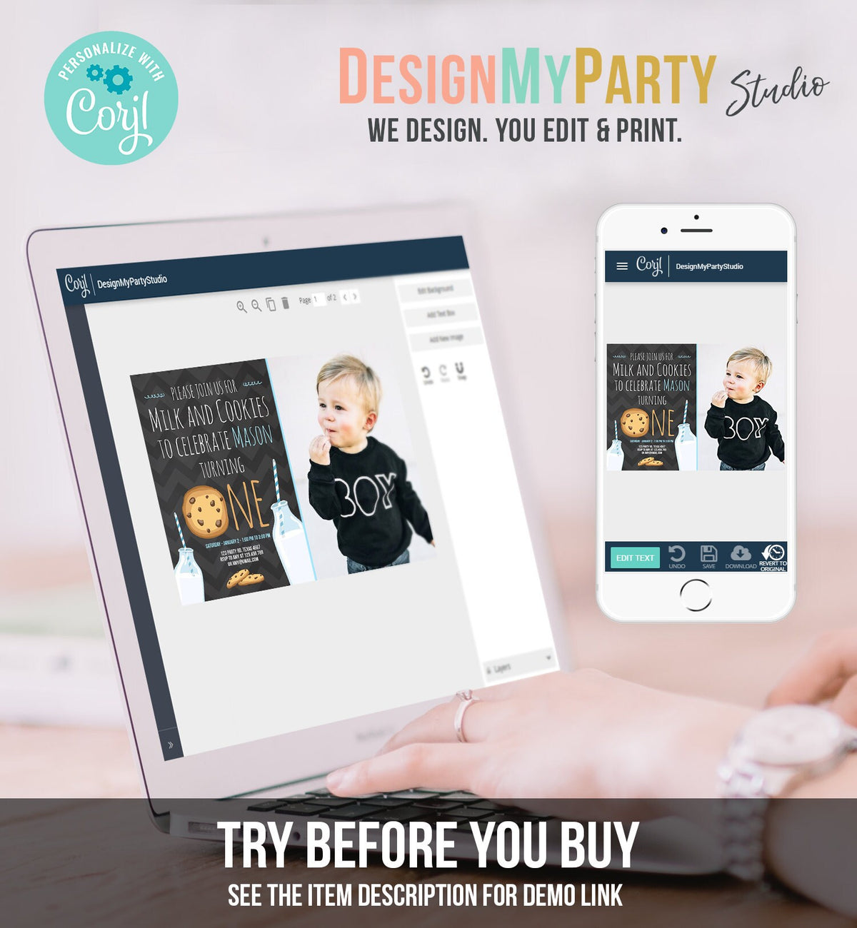 Editable Milk and Cookies Birthday Invitation Milk &amp; Cookies Party Boy Birthday Blue First Birthday Printable Invitation Template Corjl 0088