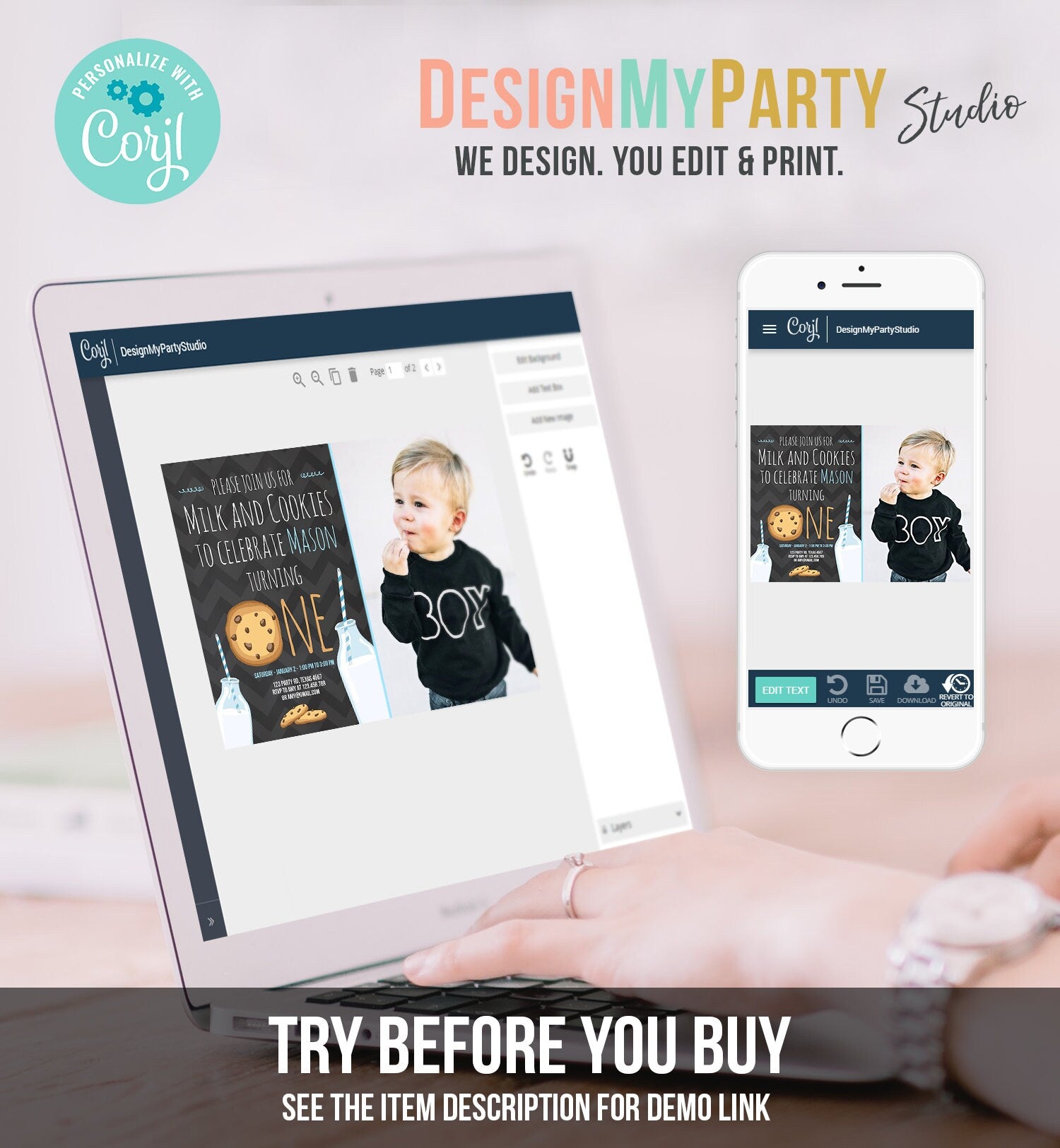 Editable Milk and Cookies Birthday Invitation Milk & Cookies Party Boy Birthday Blue First Birthday Printable Invitation Template Corjl 0088