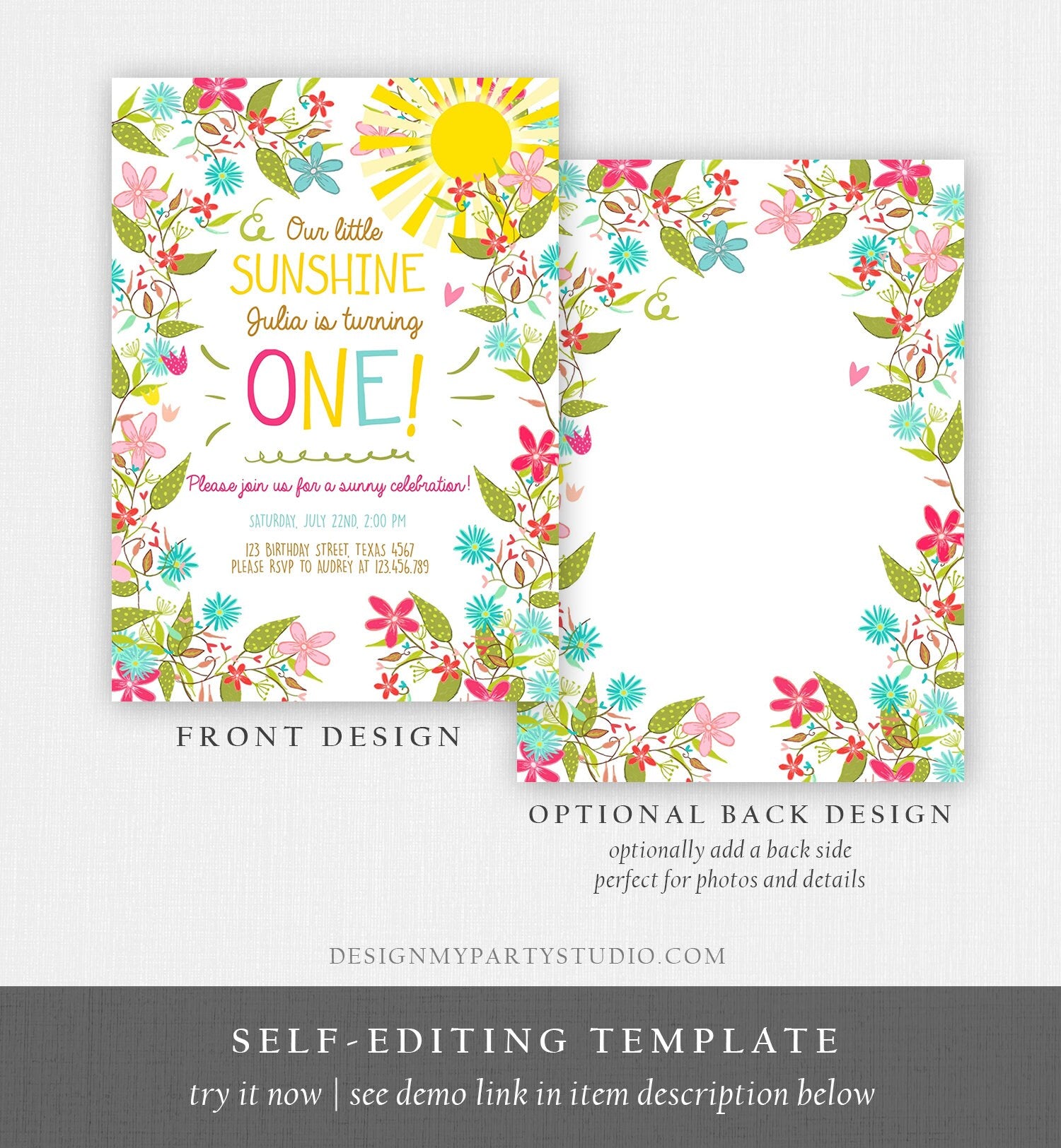 Editable Little Sunshine Birthday Invitation You Are My Sunshine Garden Girl Pink Floral Summer Download Printable Template Corjl 0213