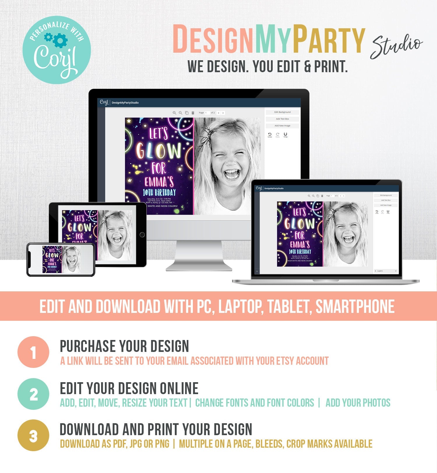 Editable Glow Birthday Invitation Glow Party Invite Neon Glow In The Dark Party Girls Teen Pink Download Printable Template Corjl 0172