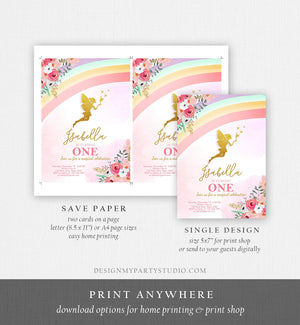 Editable Fairy Birthday invitation Rainbow Fairy Invite Fairy Party Girl Pink Gold Floral Download Printable Invitation Template Corjl 0208