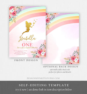 Editable Fairy Birthday invitation Rainbow Fairy Invite Fairy Party Girl Pink Gold Floral Download Printable Invitation Template Corjl 0208