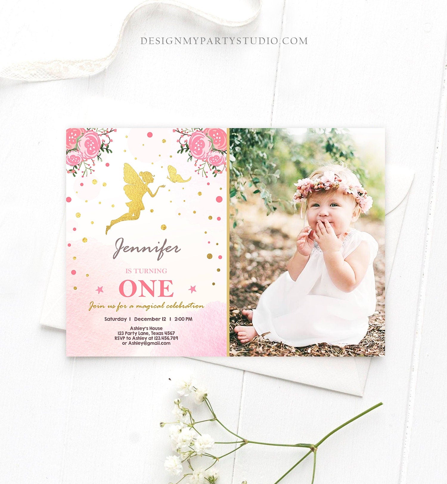 Editable Fairy Birthday invitation Magical Fairy Invite Fairy Party Girl Pink Gold Floral Download Printable Invitation Template Corjl 0208