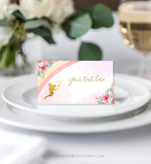 Editable Food Labels Rainbow Fairy Birthday Place Card Fairy Tent Card Escort Card Magical Birthday Girl Pink Gold Floral emplate Corjl 0208