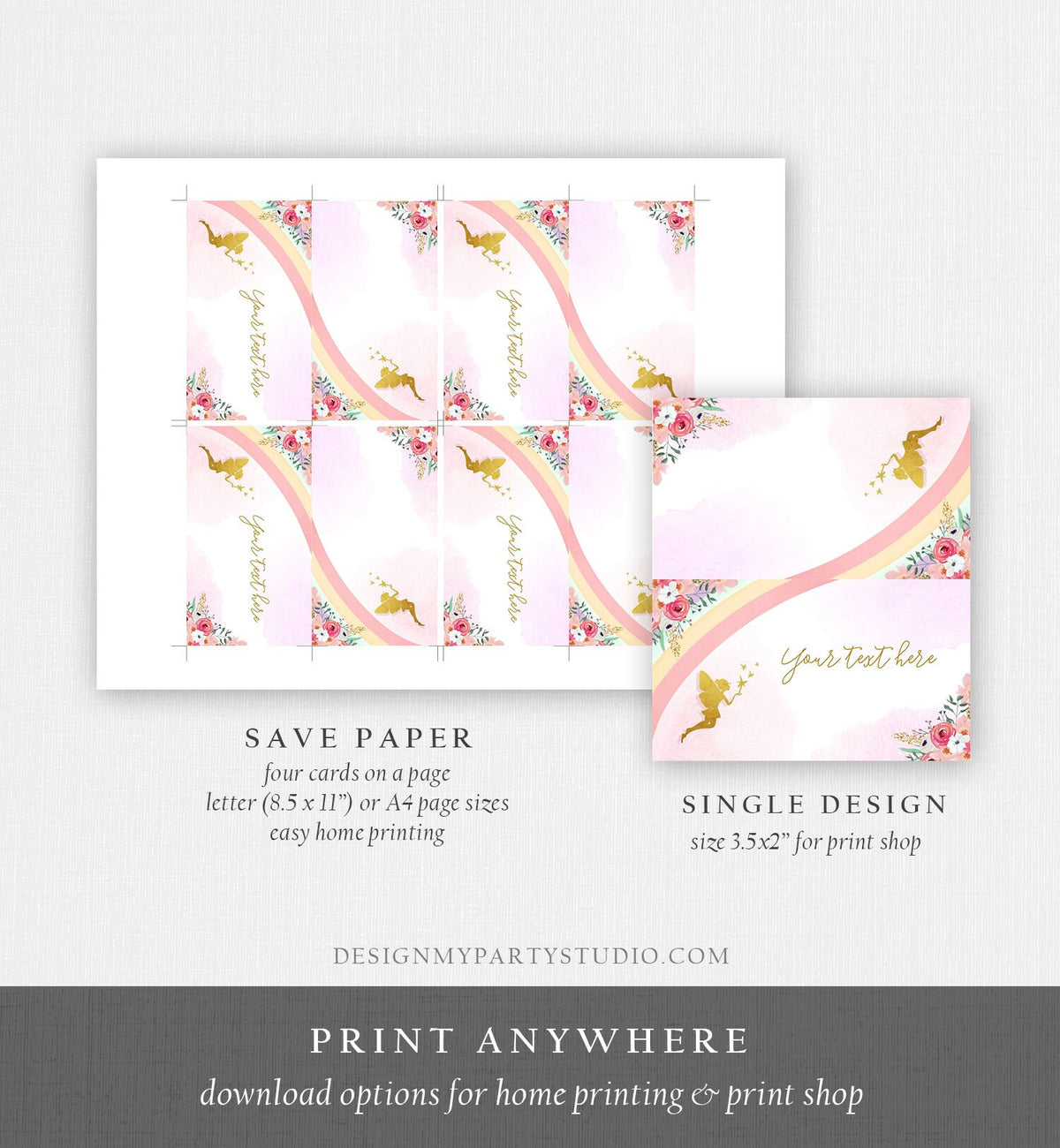 Editable Food Labels Rainbow Fairy Birthday Place Card Fairy Tent Card Escort Card Magical Birthday Girl Pink Gold Floral emplate Corjl 0208
