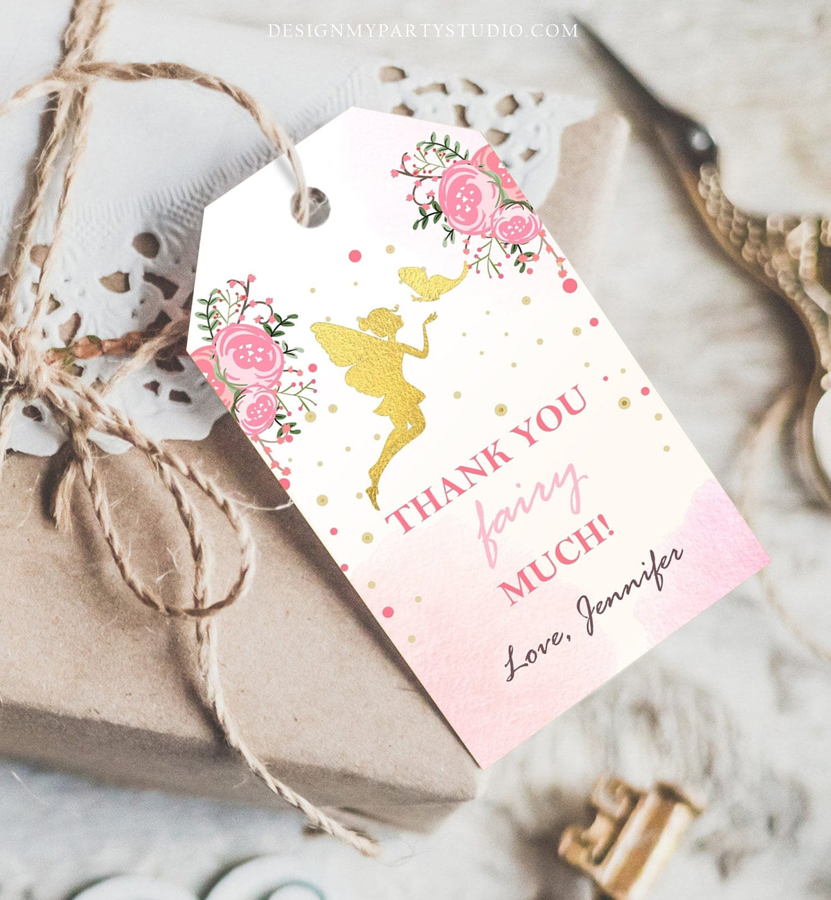 Editable Fairy Favor Tags Fairy Thank you Tags Magical Fairy Birthday Gift Tags Pink and Gold Floral Butterfly Template Corjl PRINTABLE 0208