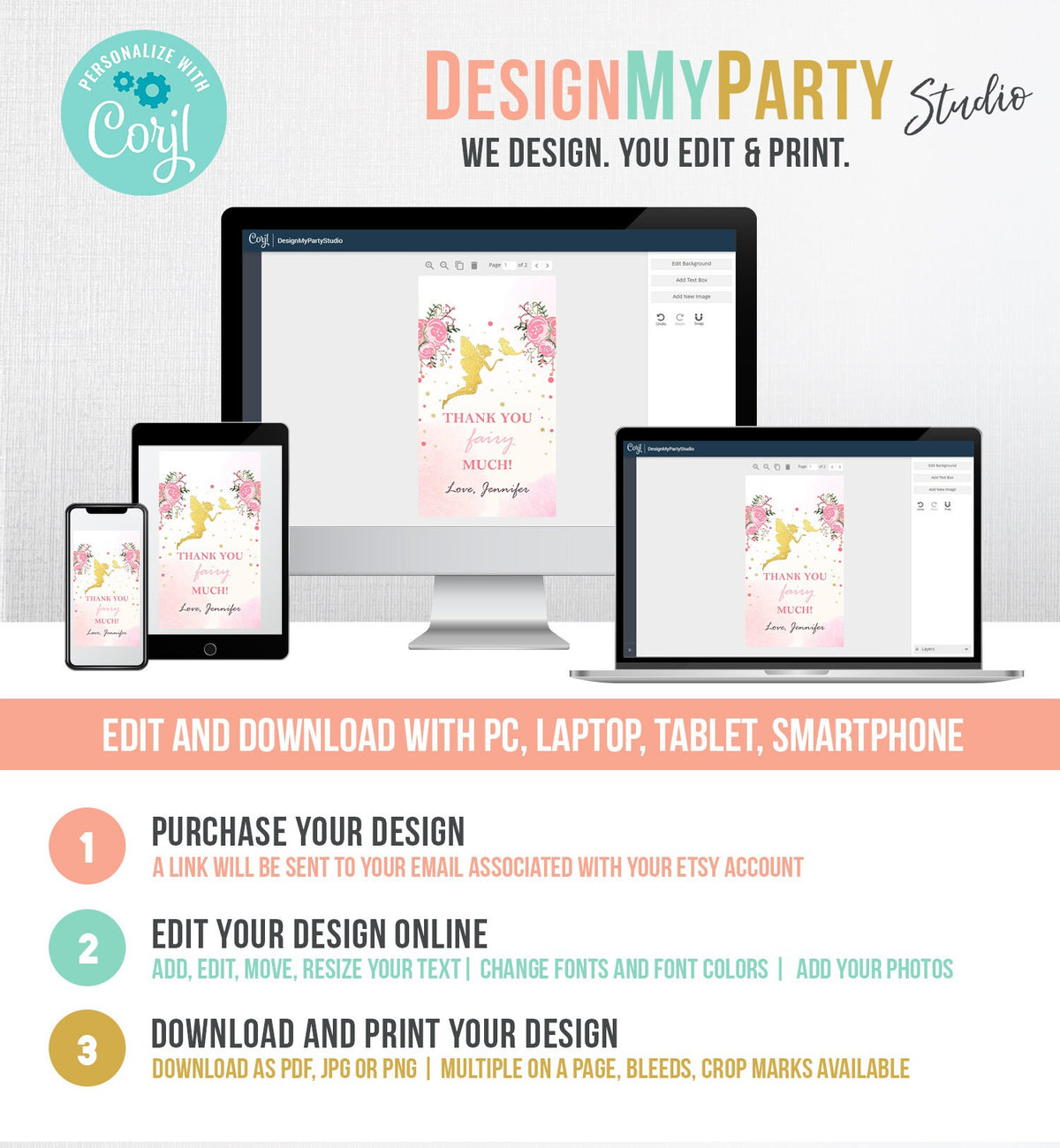 Editable Fairy Favor Tags Fairy Thank you Tags Magical Fairy Birthday Gift Tags Pink and Gold Floral Butterfly Template Corjl PRINTABLE 0208