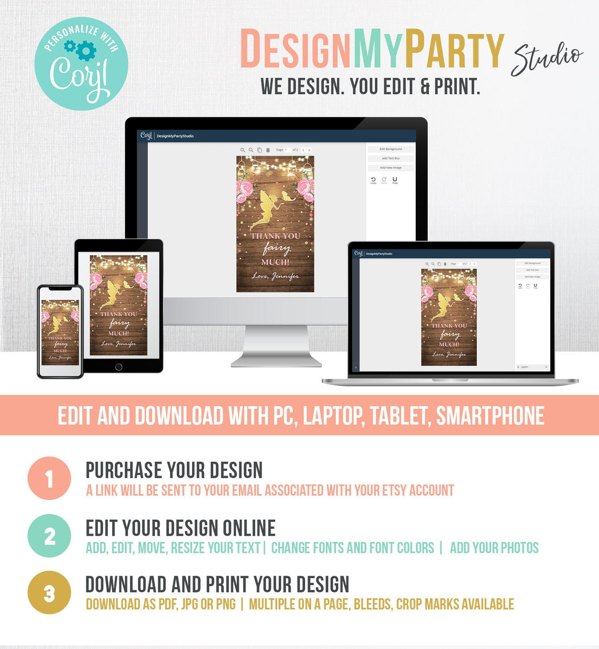 Editable Fairy Favor Tags Fairy Thank you Tags Magical Fairy Birthday Gift Tags Pink and Gold Floral Butterfly Template Corjl PRINTABLE 0208