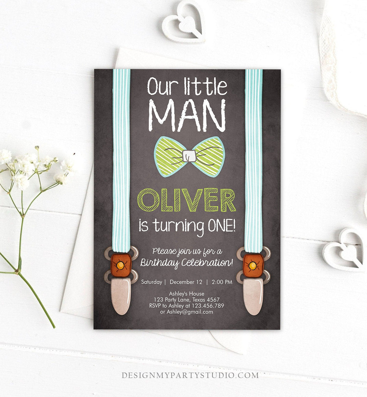 Editable Little Man Birthday Invitation Bow Tie Blue Green Boy 1st Birthday Suspenders Rustic Instant Download Printable Template Corjl 0063