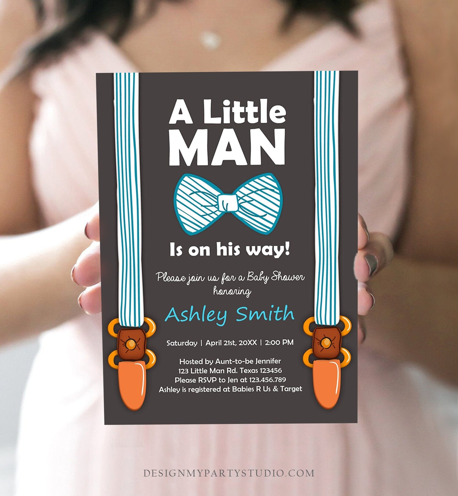 Editable Baby Shower Invitation Boy Little Man Baby Shower Bow Tie Blu - Design My Party Studio editable-baby-shower-invitation-boy-little-man-baby-shower-bow-tie-blu-design-my-party-studio