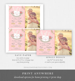 Editable Bunny Birthday Invitation Twins Birthday Pink Gold Twin Birthday Sisters Bunnies Printable Template Download Corjl Digital 0104