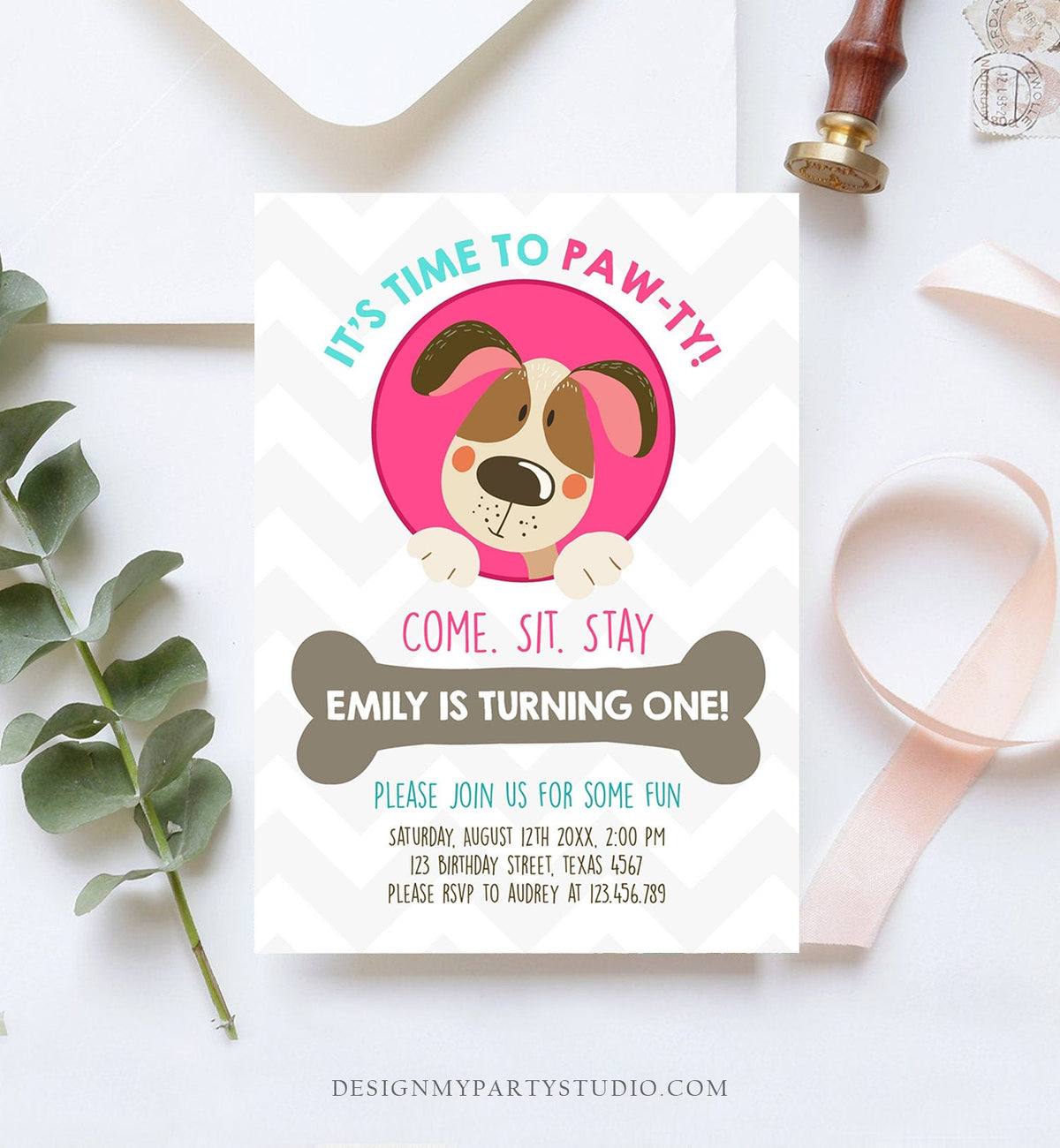 Editable Dog Invitation Dog Party Puppy Party Invite Dog Birthday paw-ty Invite Pink Girl Dog Theme Download Printable Template Corjl 0048