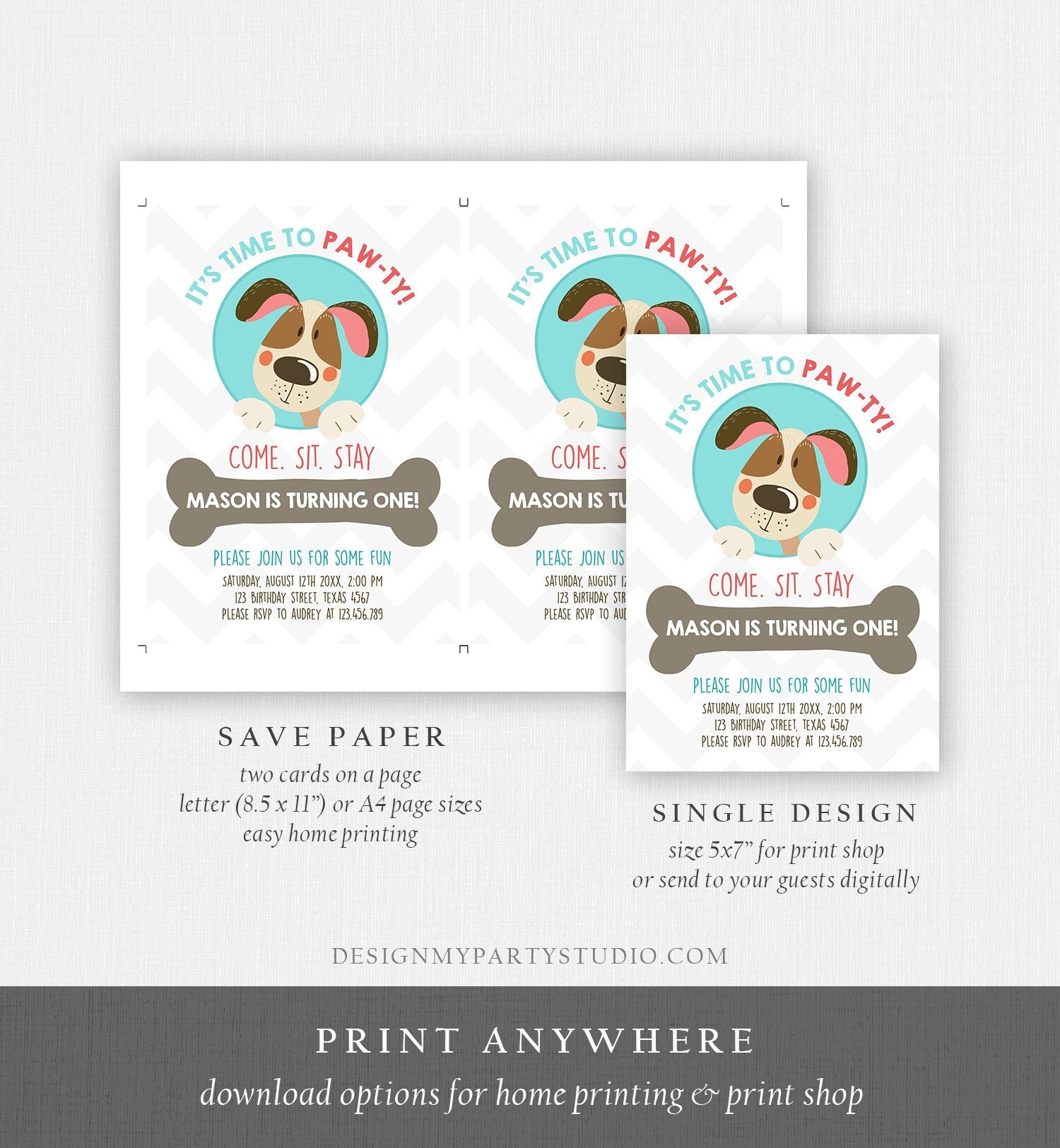 Editable Dog Invitation Dog Party Puppy Party Invite Dog Birthday paw-ty Invite Blue Boy Dog Theme Download Printable Template Corjl 0048