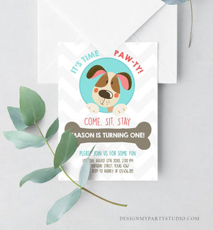 Editable Dog Invitation Dog Party Puppy Party Invite Dog Birthday paw-ty Invite Blue Boy Dog Theme Download Printable Template Corjl 0048