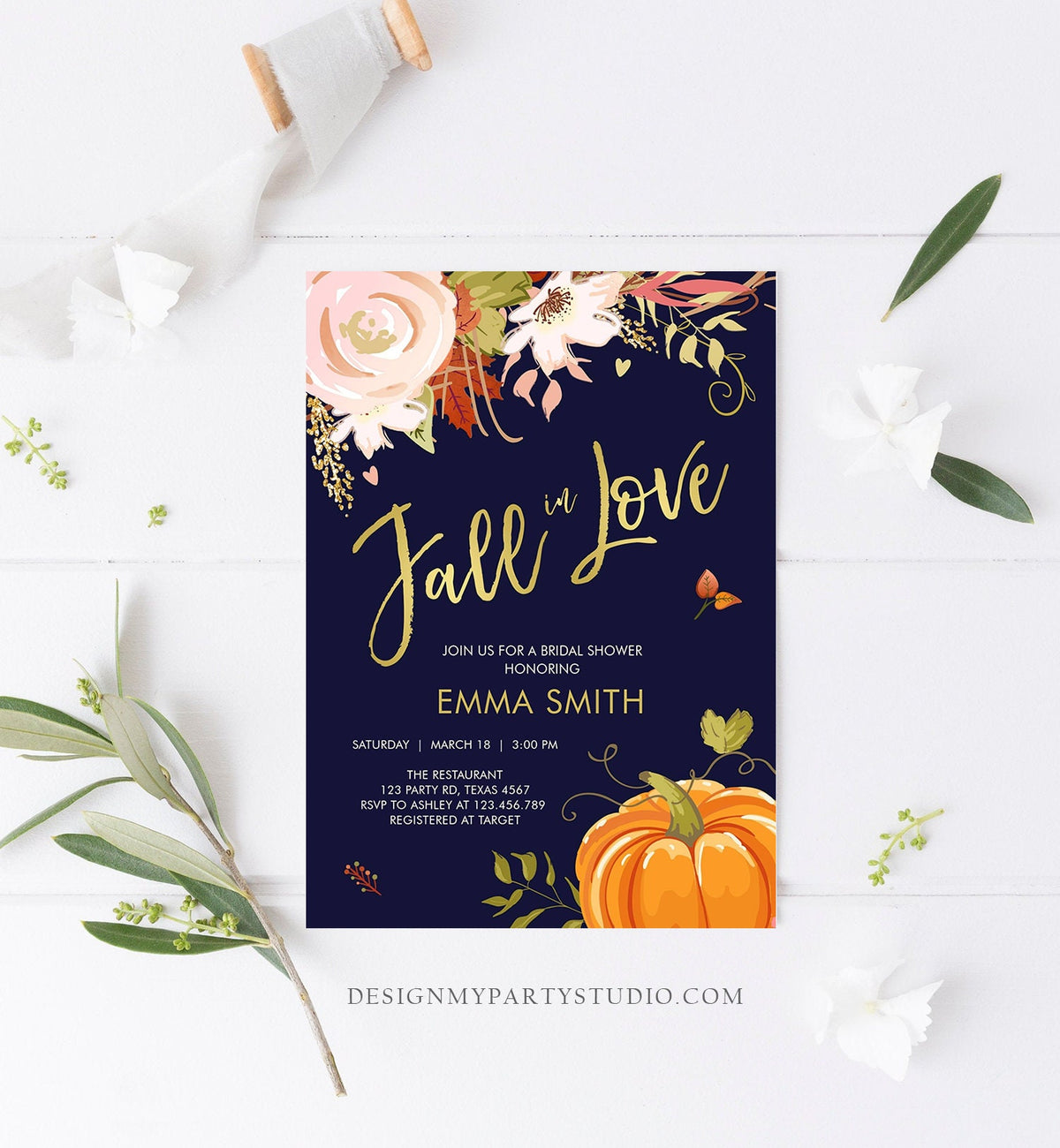 Editable Fall in Love Bridal Shower Invitation Pumpkin Autumn Floral Flowers Pink Gold Rustic Party Engagement Navy Blue Corjl Template 0176