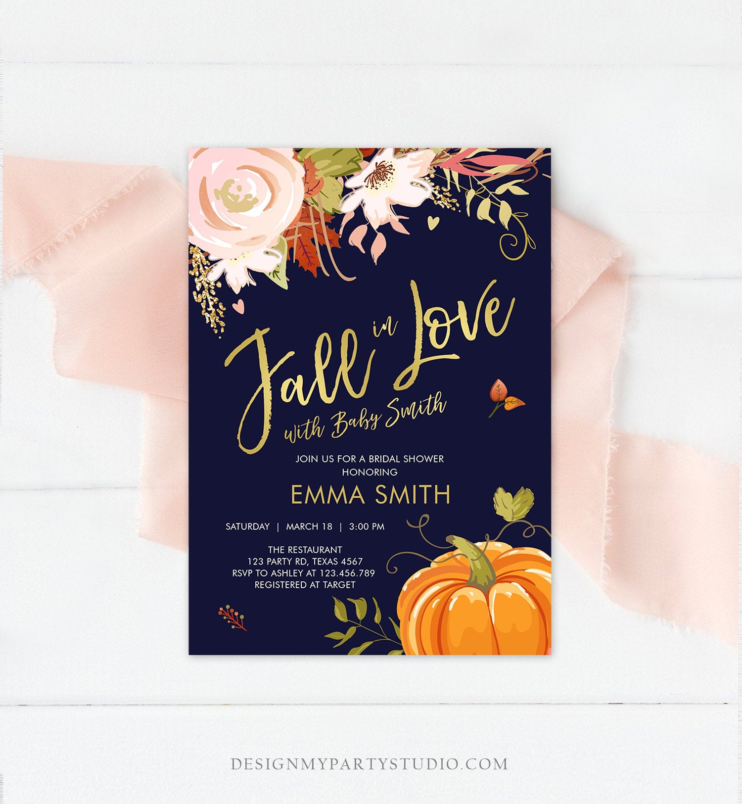 Editable Fall in Love Baby Shower Invitation Pumpkin Autumn Floral Flowers Pink Gold Rustic Party Sprinkle Coed Navy Corjl Template 0176
