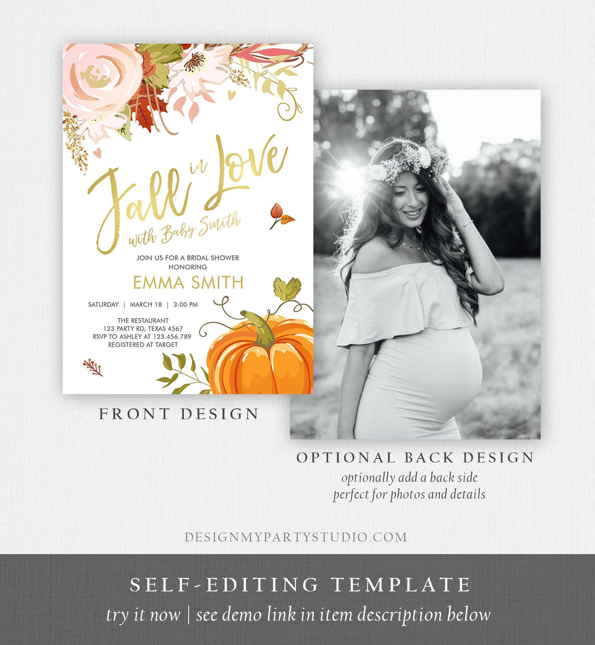 Editable Fall in Love Baby Shower Invitation Pumpkin Autumn Floral Flowers Pink Gold Rustic Party Sprinkle Coed Navy Corjl Template 0176