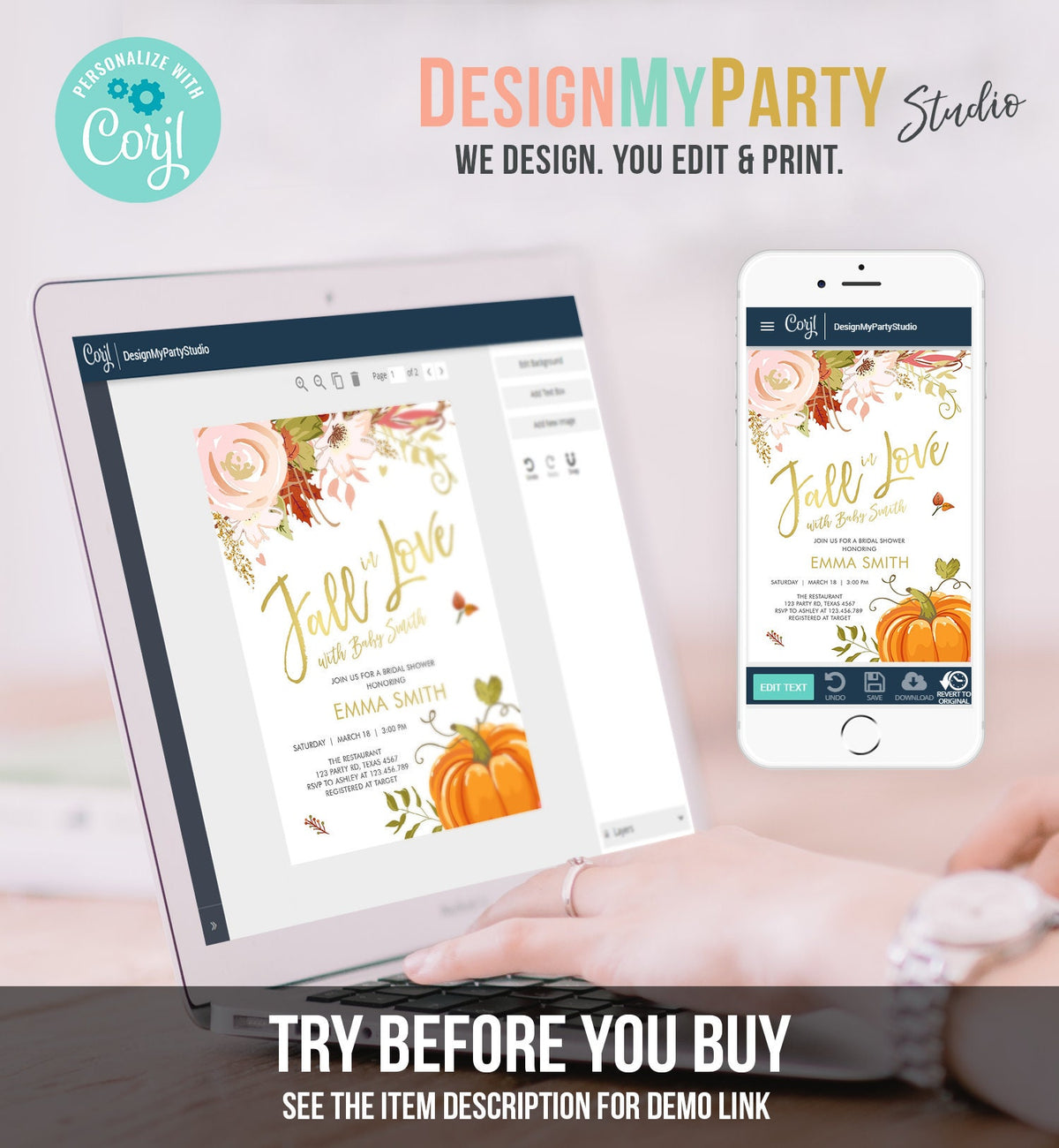 Editable Fall in Love Baby Shower Invitation Pumpkin Autumn Floral Flowers Pink Gold Rustic Party Sprinkle Coed Navy Corjl Template 0176