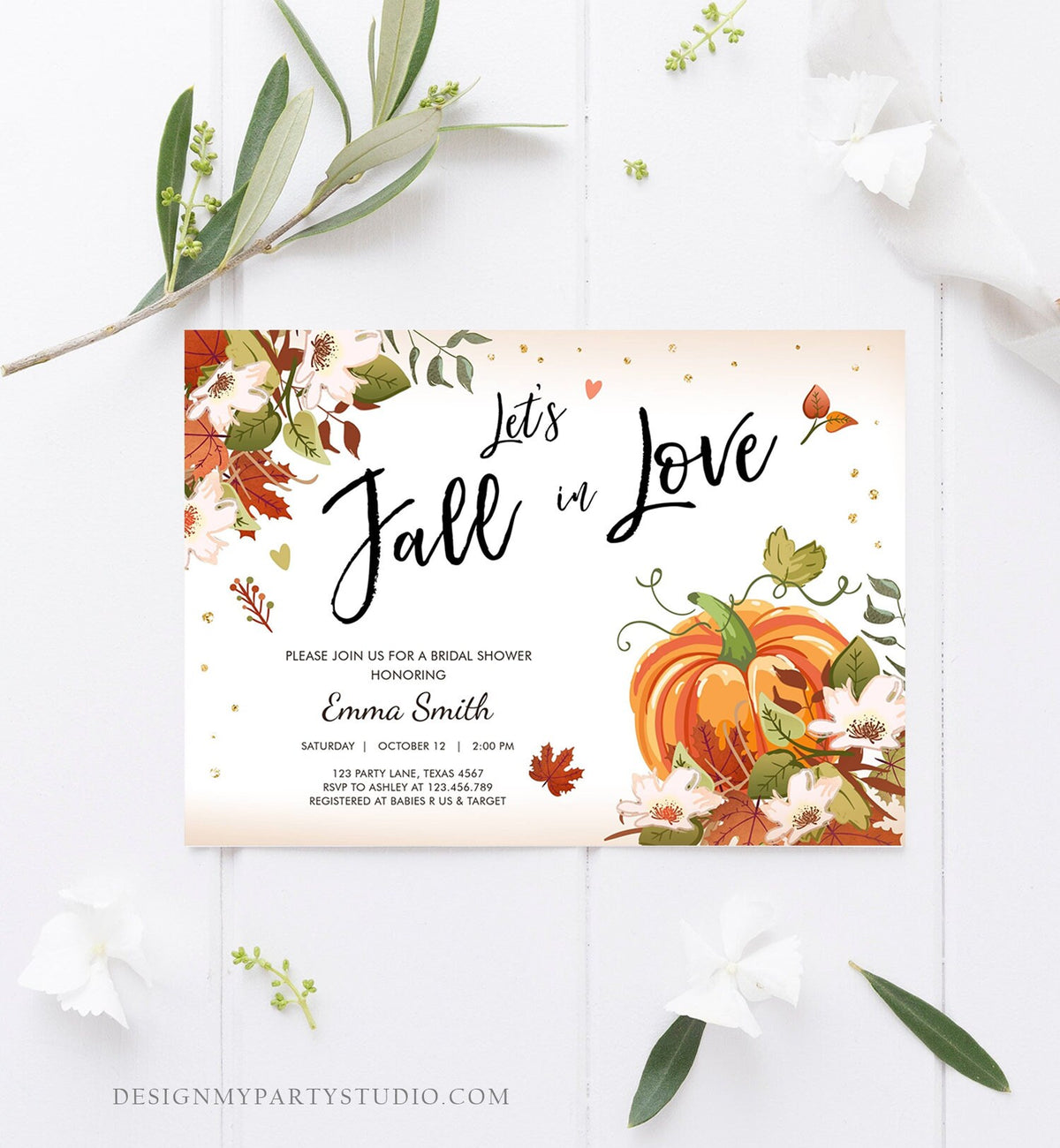 Editable Fall in Love Bridal Shower Invitation Pumpkin Autumn Floral Flowers String Lights Rustic Wood Engagement Corjl Template 0176