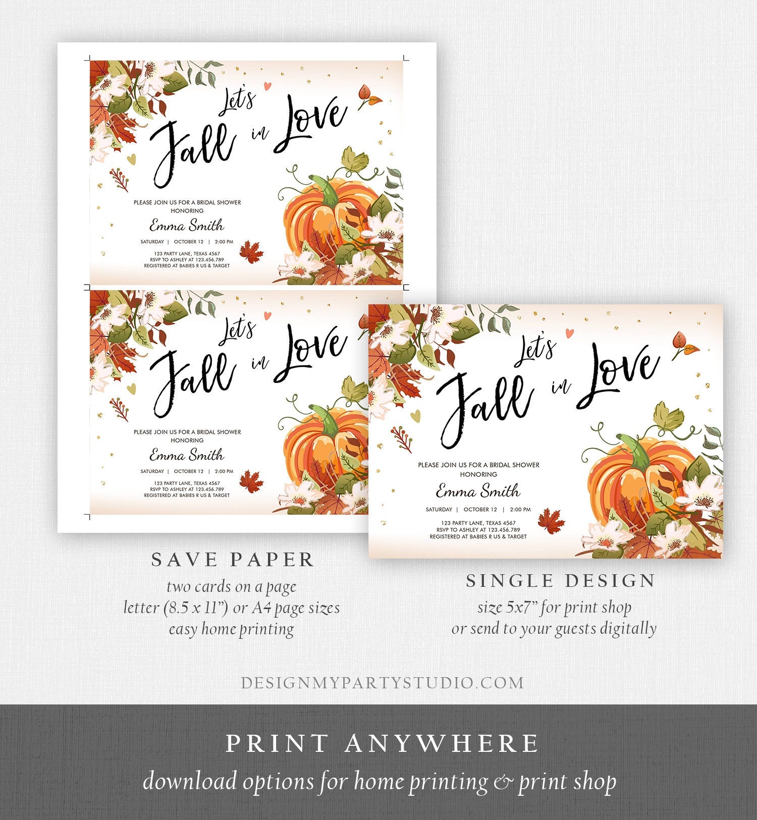 Editable Fall in Love Bridal Shower Invitation Pumpkin Autumn Floral Flowers String Lights Rustic Wood Engagement Corjl Template 0176