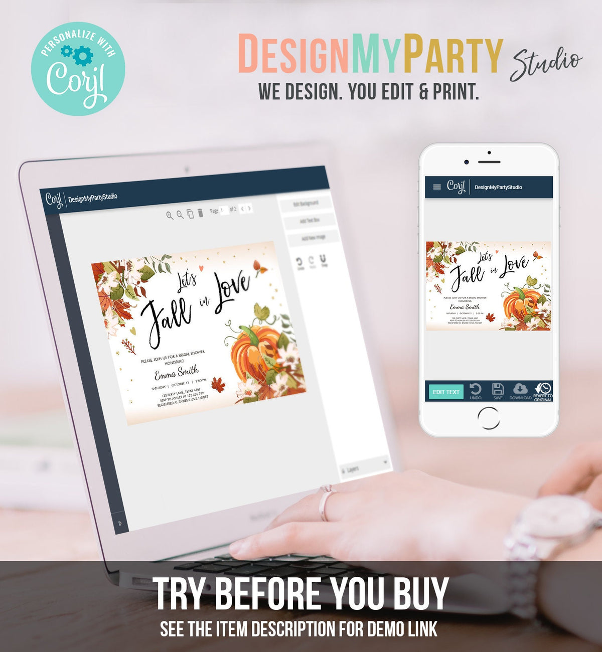 Editable Fall in Love Bridal Shower Invitation Pumpkin Autumn Floral Flowers String Lights Rustic Wood Engagement Corjl Template 0176