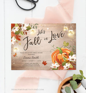 Editable Fall in Love Bridal Shower Invitation Pumpkin Autumn Floral Flowers String Lights Rustic Wood Engagement Corjl Template 0176