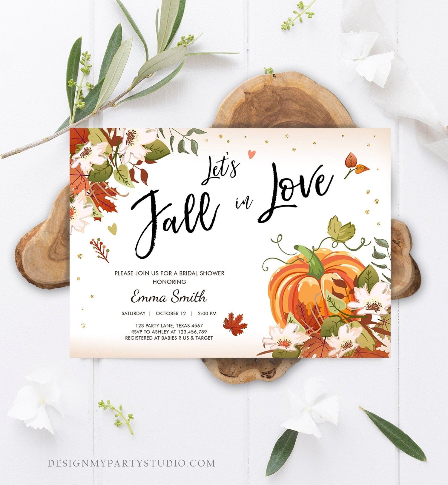 Editable Fall in Love Bridal Shower Invitation Pumpkin Autumn Floral Flowers String Lights Rustic Wood Engagement Corjl Template 0176