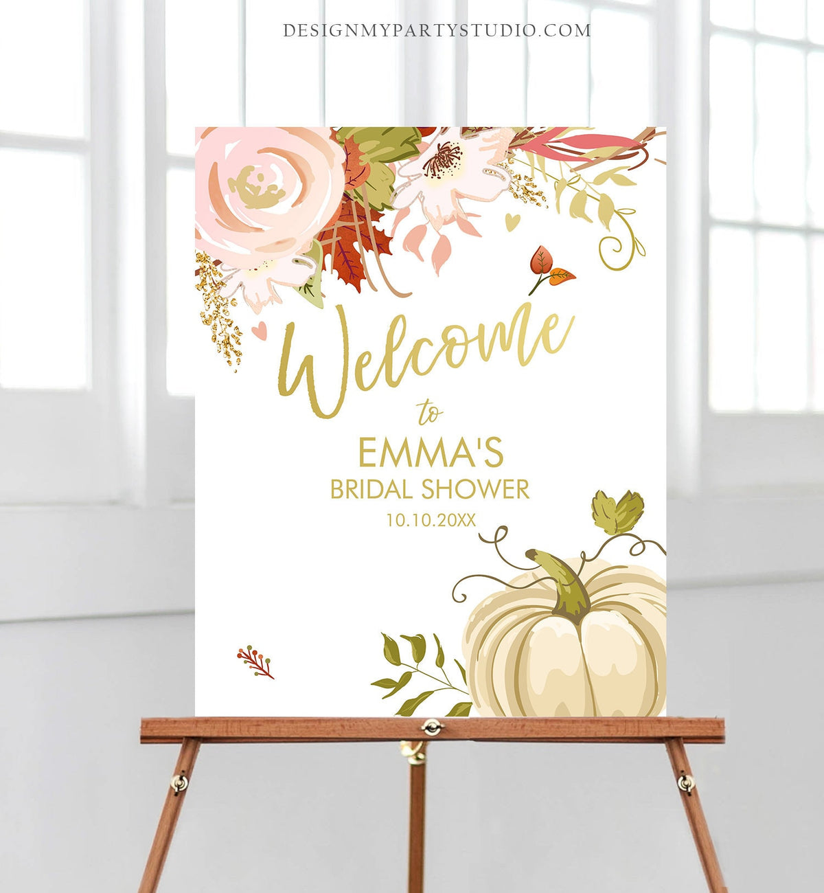 Editable Pumpkin Welcome Sign Fall in Love Autumn Bridal Shower Wedding Baby Shower Birthday Table Sign Rustic Floral Corjl Template 0176