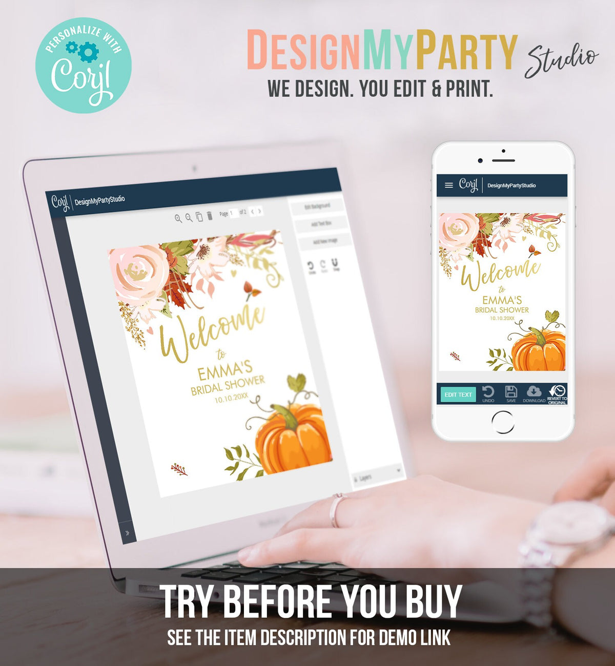 Editable Pumpkin Welcome Sign Fall in Love Autumn Bridal Shower Wedding Baby Shower Birthday Table Sign Rustic Floral Corjl Template 0176