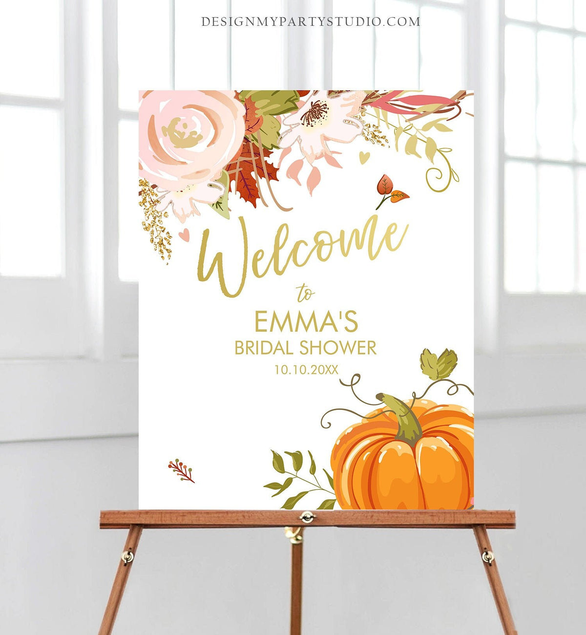 Editable Pumpkin Welcome Sign Fall in Love Autumn Bridal Shower Wedding Baby Shower Birthday Table Sign Rustic Floral Corjl Template 0176