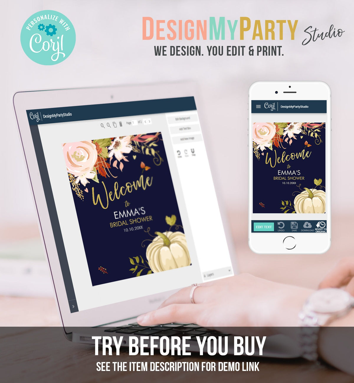 Editable Pumpkin Welcome Sign Fall in Love Autumn Bridal Shower Wedding Baby Shower Birthday Table Sign Rustic Floral Corjl Template 0176