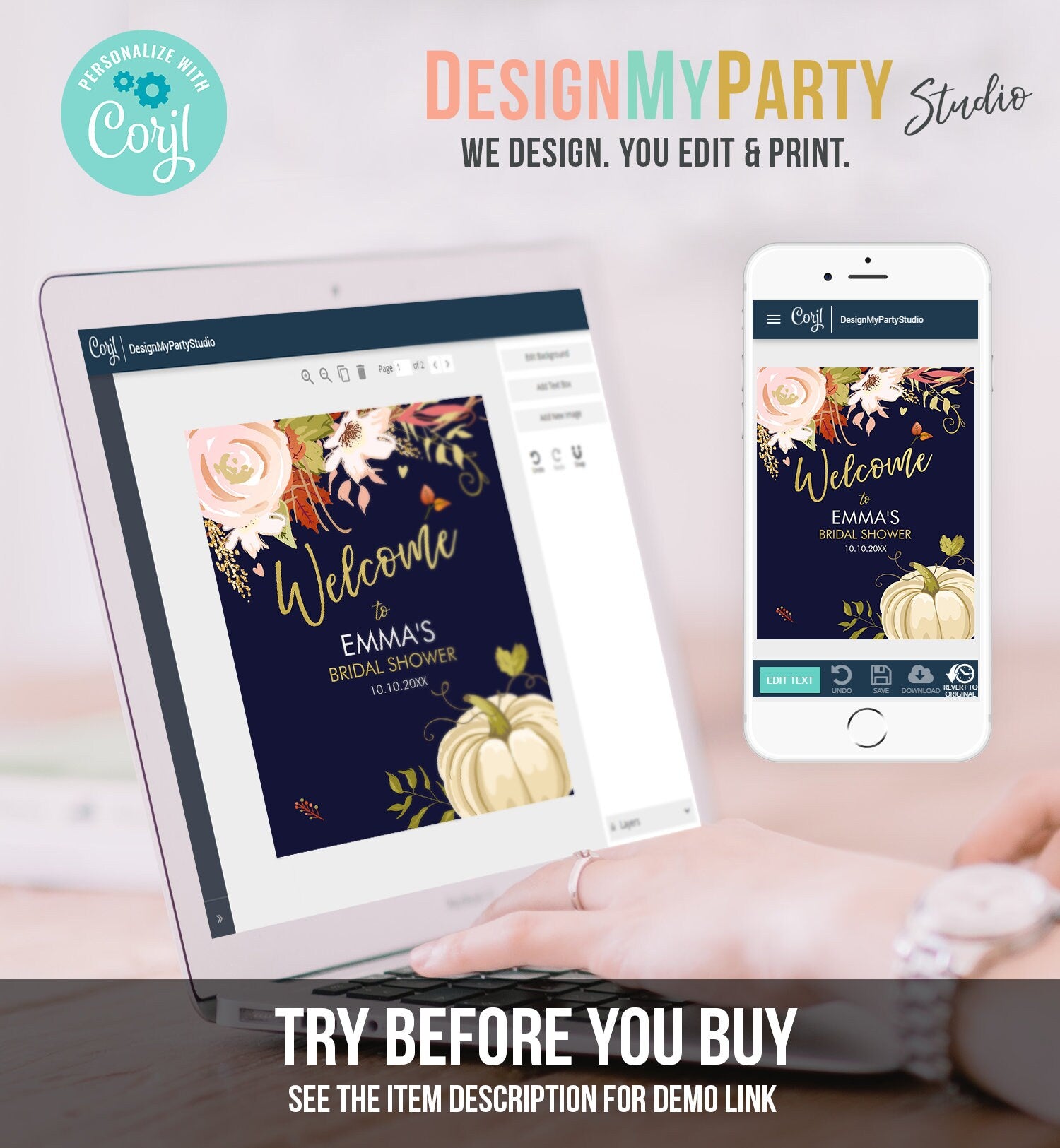 Editable Pumpkin Welcome Sign Fall in Love Autumn Bridal Shower Wedding Baby Shower Birthday Table Sign Rustic Floral Corjl Template 0176