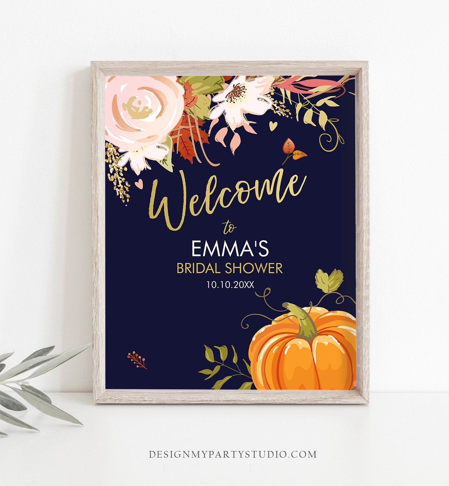 Editable Pumpkin Welcome Sign Fall in Love Autumn Bridal Shower Wedding Baby Shower Birthday Table Sign Rustic Floral Corjl Template 0176
