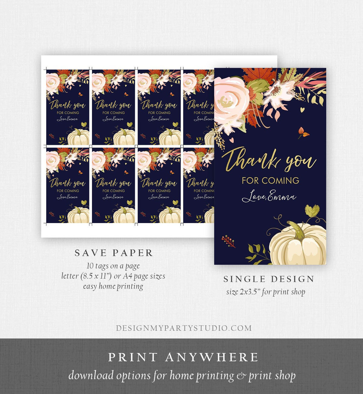 Editable Pumpkin Favor Tags Thank You Tag Fall In Love Bridal Shower Autumn Floral Flowers Pink Gold Rustic Navy Blue Corjl Template 0176