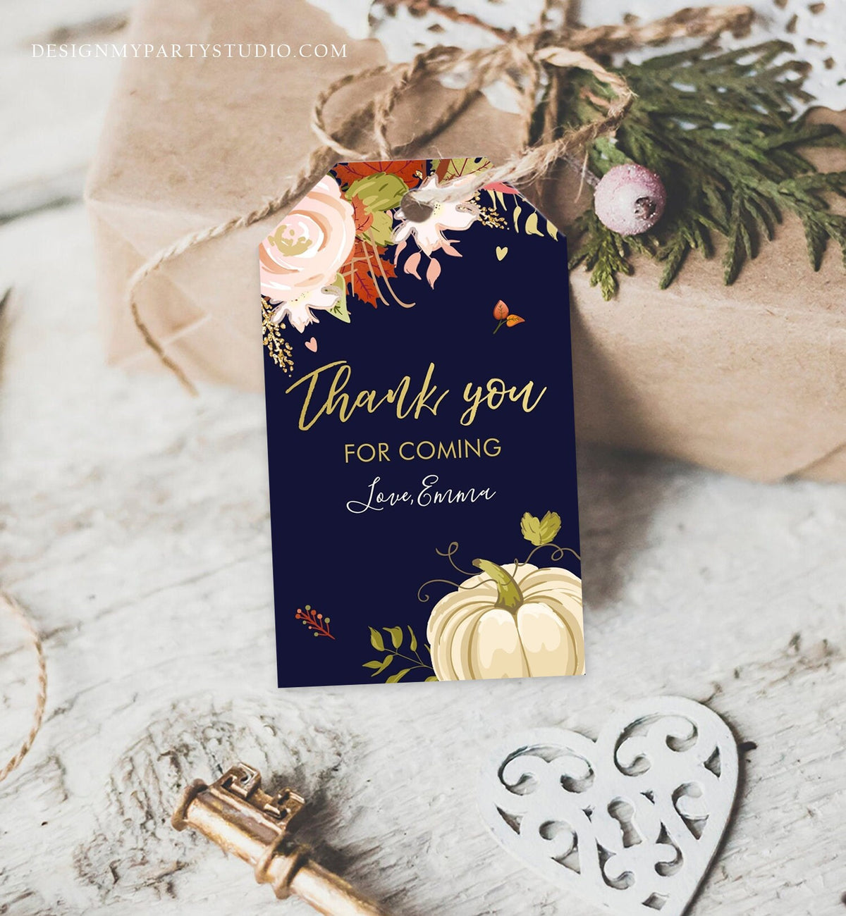 Editable Pumpkin Favor Tags Thank You Tag Fall In Love Bridal Shower Autumn Floral Flowers Pink Gold Rustic Navy Blue Corjl Template 0176