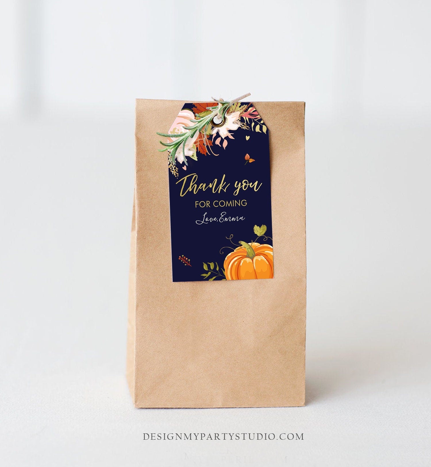 Editable Pumpkin Favor Tags Thank You Tag Fall In Love Bridal Shower Autumn Floral Flowers Pink Gold Rustic Navy Blue Corjl Template 0176