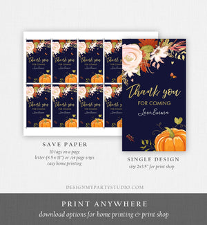 Editable Pumpkin Favor Tags Thank You Tag Fall In Love Bridal Shower Autumn Floral Flowers Pink Gold Rustic Navy Blue Corjl Template 0176